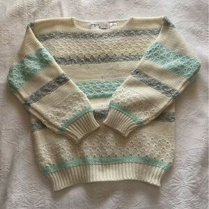 Vintage Cream and Blue Sweater with Baby Pearls